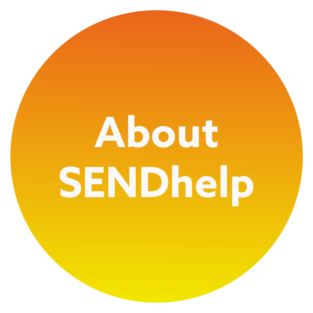 Orange and yellow circle with the words About SENDhelp in the middle